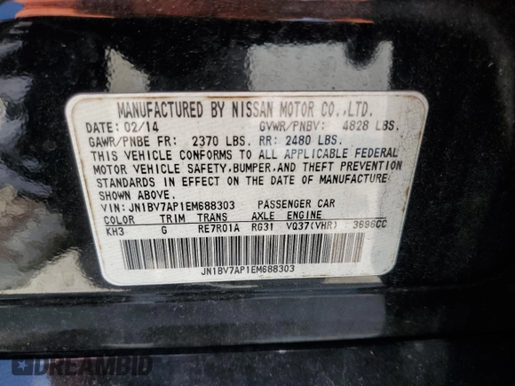 2014 Infiniti Q50 Premium with VIN JN1BV7AP1EM688303, listed as a Copart auction lot 60637845 with 160,017 mi miles and Salvage title. Bid and sale history available at DreamBid. Image 12.