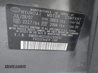 2008 Hyundai Elantra GLS with VIN KMHDU46DX8U292652, listed as a IAAI auction lot 42367957 with 268,856 mi miles and . Bid and sale history available at DreamBid. Image 9.
