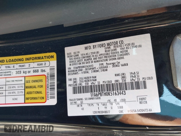 2019 Ford Mustang EcoBoost with VIN 1FA6P8TH0K5163443, listed as a IAAI auction lot 42452617 with 87,833 mi miles and . Bid and sale history available at DreamBid. Image 9.