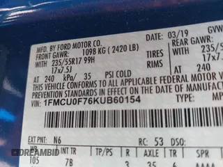2019 Ford Escape S with VIN 1FMCU0F76KUB60154, listed as a IAAI auction lot 42508603 with 53,003 mi miles and . Bid and sale history available at DreamBid. Image 9.