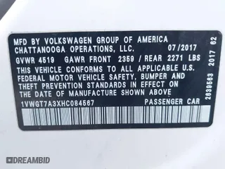 2017 Volkswagen Passat 1.8T SE w/Technology with VIN 1VWGT7A3XHC084567, listed as a IAAI auction lot 41265068 with 103,070 mi miles. Bid and sale history available at carsss.com. Image 9.