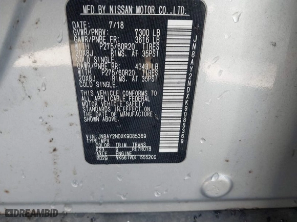 2019 Nissan Armada SL with VIN JN8AY2NDXK9085369, listed as a IAAI auction lot 41265930 with 1 mi miles. Bid and sale history available at carsss.com. Image 9.