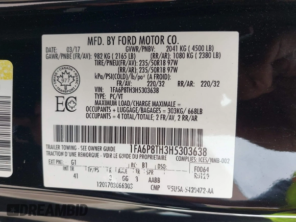 2017 Ford Mustang EcoBoost with VIN 1FA6P8TH3H5303638, listed as a IAAI auction lot 42335541 with 45,575 mi miles and . Bid and sale history available at DreamBid. Image 9.
