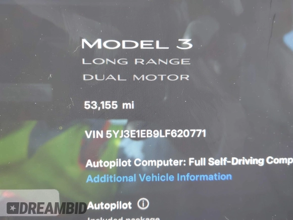 2020 Tesla Model 3 Long Range with VIN 5YJ3E1EB9LF620771, listed as a IAAI auction lot 41795008 with 53,155 mi miles and . Bid and sale history available at DreamBid. Image 15.
