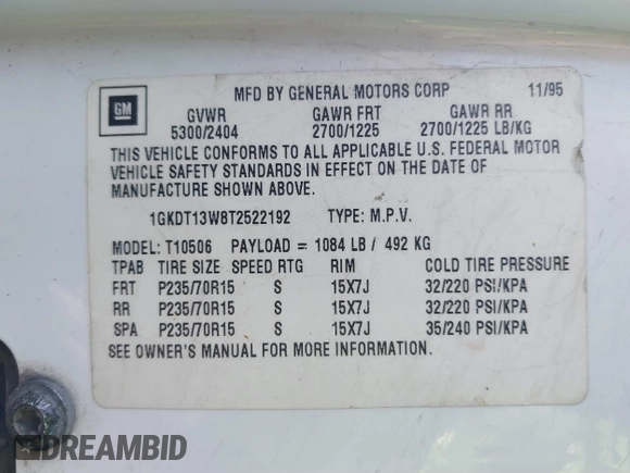 1996 GMC Jimmy SL z VIN 1GKDT13W8T2522192, wystawiony jako IAAI lot #41439548 z przebiegiem 262 152 mil mil oraz . Historia ofert i sprzedaży dostępna na DreamBid. Obrazek 9.