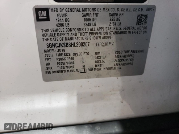 2017 Chevrolet Trax LS with VIN 3GNCJKSB8HL290207, listed as a Copart auction lot 52411715 with 87,662 mi miles and Salvage Title. Bid and sale history available at carsss.com. Image 15.