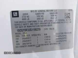 2016 Chevrolet Colorado 4WD Z71 with VIN 1GCGTDE32G1186239, listed as a IAAI auction lot 42561836 with 120,482 mi miles and . Bid and sale history available at DreamBid. Image 9.