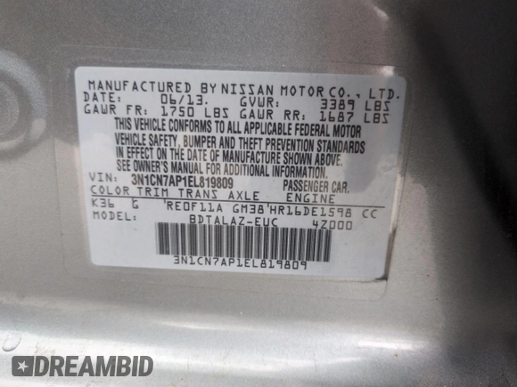 2014 Nissan Versa SV with VIN 3N1CN7AP1EL819809, listed as a Copart auction lot 51960405 with 144,859 mi miles and Salvage Title. Bid and sale history available at DreamBid. Image 13.