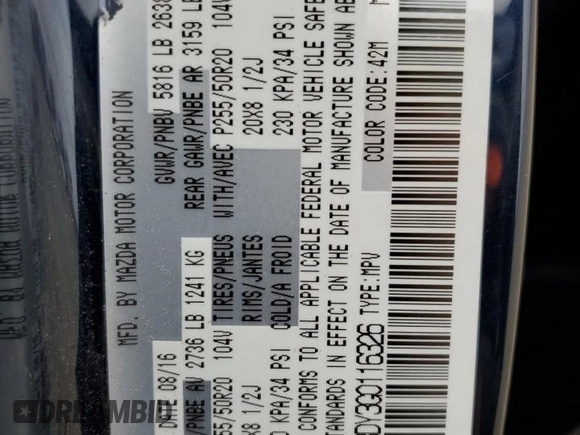 2016 Mazda CX-9 Grand Touring with VIN JM3TCBDY3G0116326, listed as a Copart auction lot 47639115 with 70,661 mi miles and Salvage title. Bid and sale history available at DreamBid. Image 13.