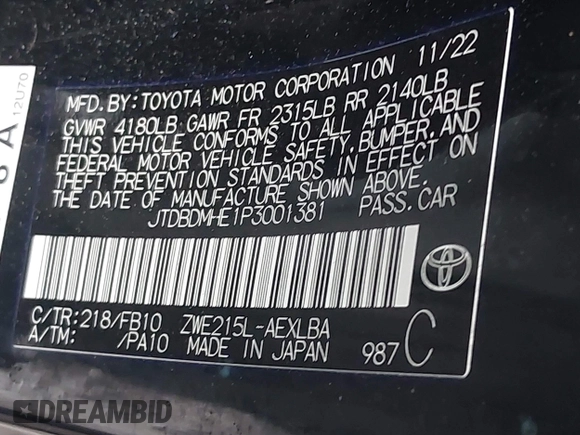 2023 Toyota Corolla Hybrid LE with VIN JTDBDMHE1P3001381, listed as a IAAI auction lot 41898054 with 76,971 mi miles. Bid and sale history available at carsss.com. Image 9.