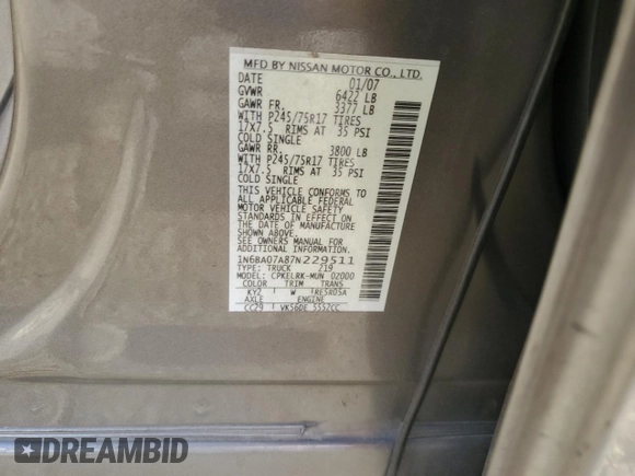 2007 Nissan Titan XE with VIN 1N6BA07A87N229511, listed as a Copart auction lot 78054044 with Not Provided miles and Salvage Title. Bid and sale history available at DreamBid. Image 14.