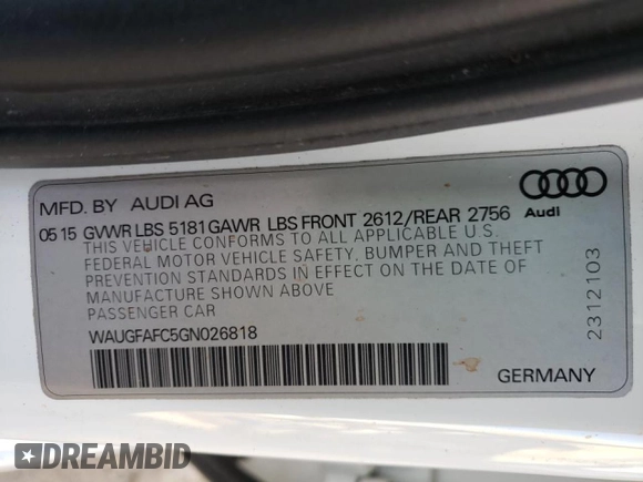 2016 Audi A6 2.0T Premium Plus with VIN WAUGFAFC5GN026818, listed as a Copart auction lot 66069772 with 46,528 mi miles. Bid and sale history available at carsss.com. Image 10.