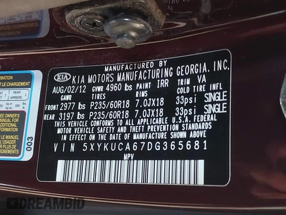 2013 Kia Sorento EX with VIN 5XYKUCA67DG365681, listed as a IAAI auction lot 41885665 with 10,318 mi miles. Bid and sale history available at carsss.com. Image 9.