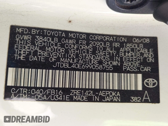 2009 Toyota Corolla with VIN JTDBL40E699058755, listed as a IAAI auction lot 42564996 with 211,526 mi miles and . Bid and sale history available at DreamBid. Image 9.