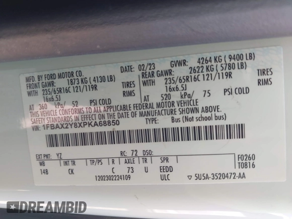 2023 Ford Transit Passenger XL with VIN 1FBAX2Y8XPKA68850, listed as a IAAI auction lot 42379705 with 38,000 mi miles and . Bid and sale history available at DreamBid. Image 9.