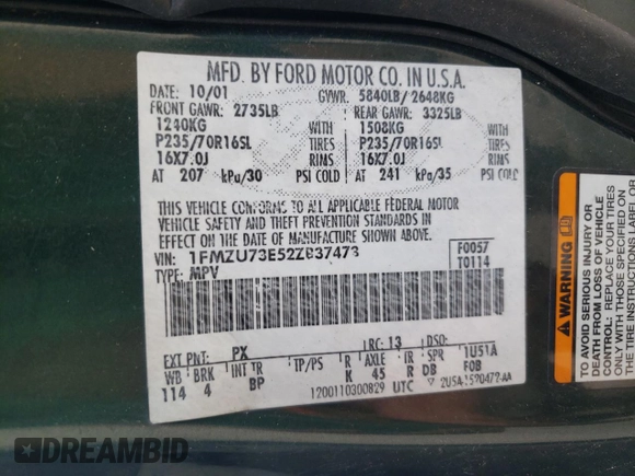 2002 Ford Explorer XLT with VIN 1FMZU73E52ZB37473, listed as a Copart auction lot 57212605 with 162,133 mi miles and Clean title. Bid and sale history available at DreamBid. Image 13.