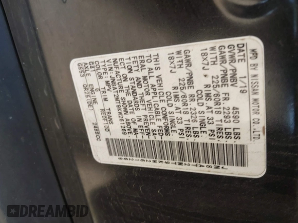 2019 Nissan Rogue SV with VIN JN8AT2MT9KW261269, listed as a IAAI auction lot 41699970 with 37,872 mi miles and . Bid and sale history available at DreamBid. Image 9.