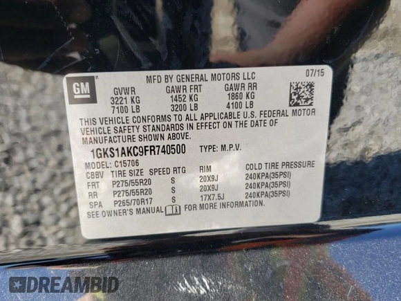 2015 GMC Yukon SLE with VIN 1GKS1AKC9FR740500, listed as a Copart auction lot 57010554 with 0 mi miles and Non Repairable. Bid and sale history available at carsss.com. Image 13.
