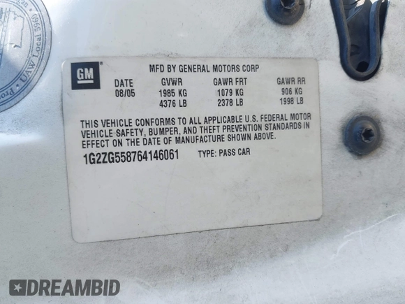 2006 Pontiac G6 6-Cyl with VIN 1G2ZG558764146061, listed as a IAAI auction lot 41999921 with 267,626 mi miles and . Bid and sale history available at DreamBid. Image 9.