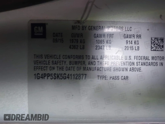2016 Buick Verano with VIN 1G4PP5SK5G4112877, listed as a IAAI auction lot 42221879 with 33,479 mi miles and . Bid and sale history available at DreamBid. Image 9.