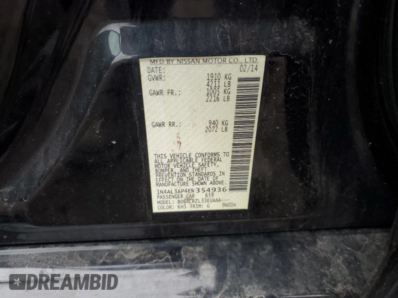 2014 Nissan Altima S with VIN 1N4AL3AP4EN354936, listed as a Copart auction lot 52118085 with 134,217 mi miles and Salvage Title. Bid and sale history available at DreamBid. Image 13.