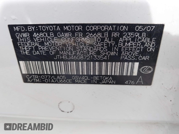 2007 Lexus ES 330 with VIN JTHBJ46G872133541, listed as a IAAI auction lot 41945508 with 292,153 mi miles and . Bid and sale history available at DreamBid. Image 9.