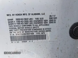 2017 Honda Pilot Elite with VIN 5FNYF6H06HB041609, listed as a IAAI auction lot 41804477 with 134,535 mi miles and . Bid and sale history available at DreamBid. Image 9.