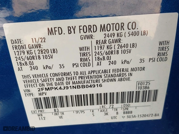 2022 Ford Edge SEL with VIN 2FMPK4J91NBB04916, listed as a IAAI auction lot 41979919 with 54,309 mi miles. Bid and sale history available at carsss.com. Image 9.