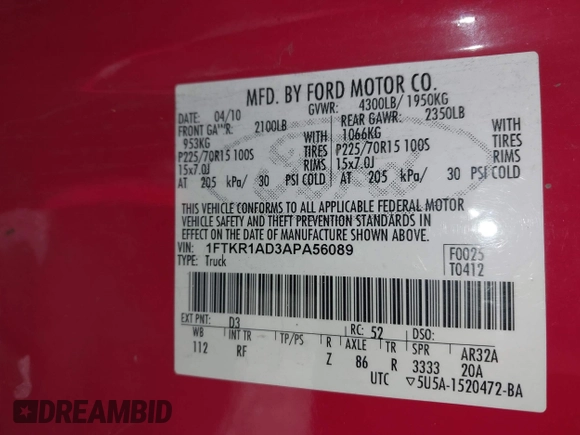 2010 Ford Ranger XL with VIN 1FTKR1AD3APA56089, listed as a IAAI auction lot 41955244 with 296,246 mi miles and . Bid and sale history available at DreamBid. Image 9.