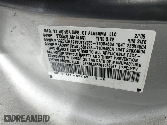 2008 Honda Odyssey Touring с VIN 5FNRL38828B039387, выставлен на аукционе IAAI как лот 41843555 с пробегом 218 070 миль миль и . История ставок и продаж доступна на DreamBid. Изображение 9.