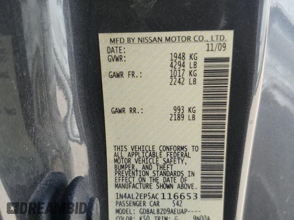2010 Nissan Altima 2.5 S with VIN 1N4AL2EP5AC116653, listed as a Copart auction lot 49208135 with 0 mi miles and Salvage Title. Bid and sale history available at carsss.com. Image 13.