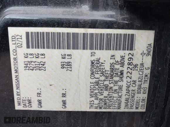 2012 Nissan Altima S z VIN 1N4AL2AP4CC222892, wystawiony jako IAAI lot #42210720 z przebiegiem Nie podano mil oraz . Historia ofert i sprzedaży dostępna na DreamBid. Obrazek 9.