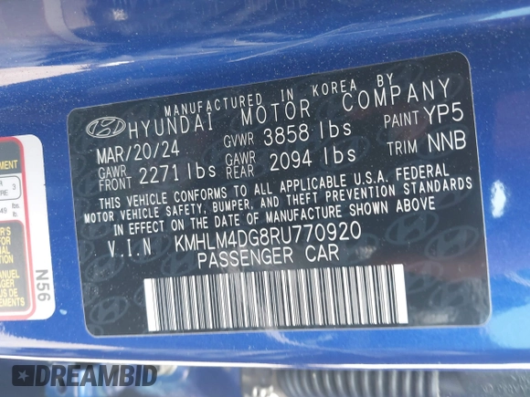 2024 Hyundai Elantra SEL with VIN KMHLM4DG8RU770920, listed as a IAAI auction lot 42191038 with 5,818 mi miles and . Bid and sale history available at DreamBid. Image 9.
