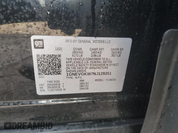2022 Chevrolet Traverse LT Cloth with VIN 1GNEVGKW7NJ129251, listed as a Copart auction lot 54088695 with 47,011 mi miles and Salvage title. Bid and sale history available at DreamBid. Image 13.