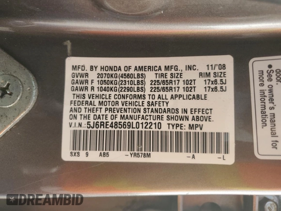 2009 Honda CR-V EX with VIN 5J6RE48569L012210, listed as a Copart auction lot 44031145 with 289,356 mi miles and Salvage Title. Bid and sale history available at carsss.com. Image 14.