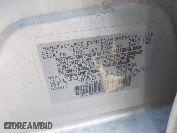 2013 Nissan Sentra S with VIN 3N1AB7AP9DL620845, listed as a IAAI auction lot 41863906 with 169,997 mi miles and . Bid and sale history available at DreamBid. Image 9.