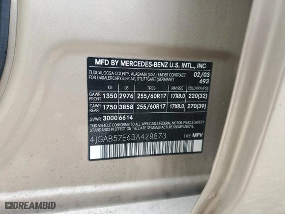 2003 Mercedes-Benz M-Class 3.7L with VIN 4JGAB57E63A428873, listed as a Copart auction lot 44179105 with 191,384 mi miles and Salvage Title. Bid and sale history available at carsss.com. Image 13.
