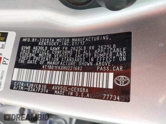2017 Toyota Camry Hybrid LE with VIN 4T1BD1FKXHU221682, listed as a IAAI auction lot 41555214 with 1 mi miles. Bid and sale history available at carsss.com. Image 9.