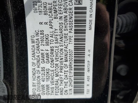 2024 Honda Civic Sedan Touring with VIN 2HGFE1F99RH303537, listed as a Copart auction lot 47682705 with 36,005 mi miles and Salvage Title. Bid and sale history available at carsss.com. Image 15.