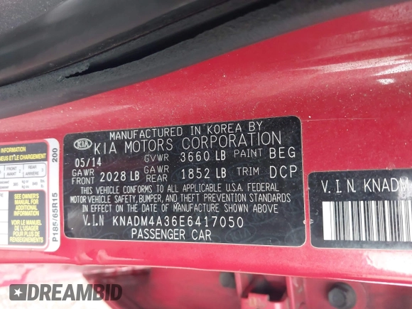2014 Kia Rio LX with VIN KNADM4A36E6417050, listed as a IAAI auction lot 42005888 with 129,433 mi miles. Bid and sale history available at carsss.com. Image 9.