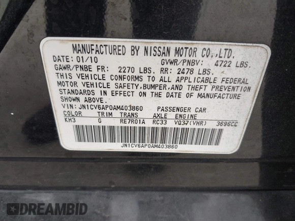 2010 Infiniti G37 Journey with VIN JN1CV6AP0AM403860, listed as a IAAI auction lot 42193025 with 209,428 mi miles and . Bid and sale history available at DreamBid. Image 9.