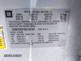 2013 Chevrolet Traverse LS with VIN 1GNKVFKD1DJ104162, listed as a IAAI auction lot 41299219 with 134,870 mi miles and . Bid and sale history available at DreamBid. Image 9.