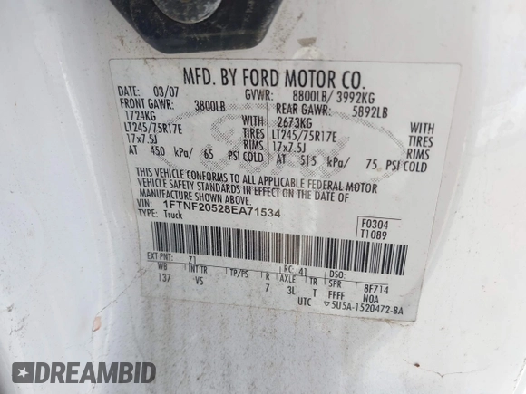 2008 Ford F-250 XL with VIN 1FTNF20528EA71534, listed as a IAAI auction lot 41764393 with 142,904 mi miles and . Bid and sale history available at DreamBid. Image 9.
