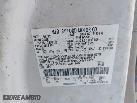 2012 Ford Escape XLS with VIN 1FMCU0C77CKC51709, listed as a IAAI auction lot 42847290 with 218,175 mi miles and . Bid and sale history available at DreamBid. Image 9.