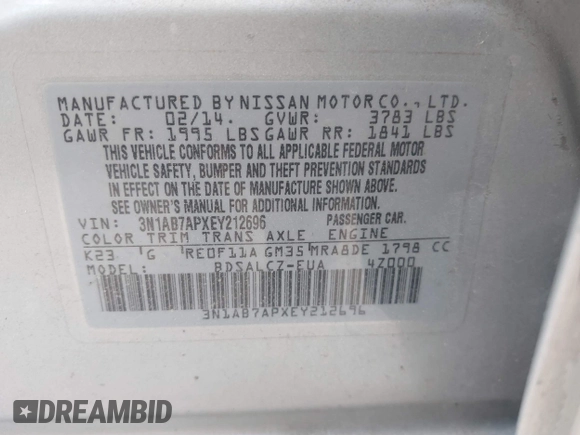 2014 Nissan Sentra S with VIN 3N1AB7APXEY212696, listed as a IAAI auction lot 42158772 with 75,998 mi miles and . Bid and sale history available at DreamBid. Image 9.