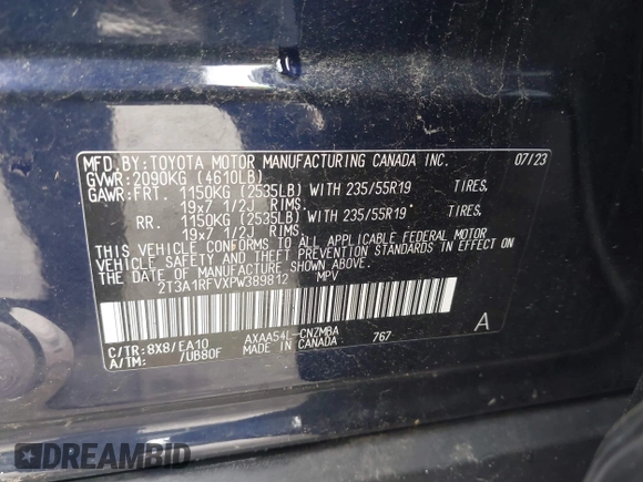 2023 Toyota RAV4 XLE Premium with VIN 2T3A1RFVXPW389812, listed as a IAAI auction lot 42330150 with 43,821 mi miles and . Bid and sale history available at DreamBid. Image 9.