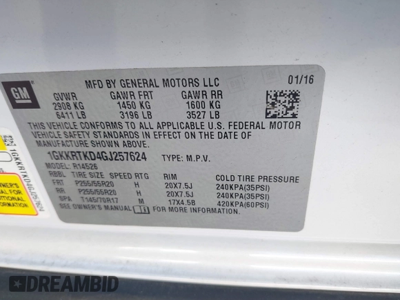 2016 GMC Acadia Denali with VIN 1GKKRTKD4GJ257624, listed as a IAAI auction lot 41769196 with 129,229 mi miles. Bid and sale history available at carsss.com. Image 9.