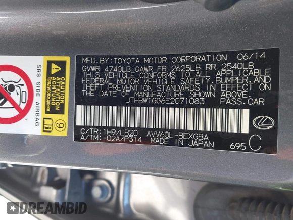 2014 Lexus ES 300h с VIN JTHBW1GG6E2071083, выставлен на аукционе IAAI как лот 41772226 с пробегом 140 710 миль миль и . История ставок и продаж доступна на DreamBid. Изображение 9.