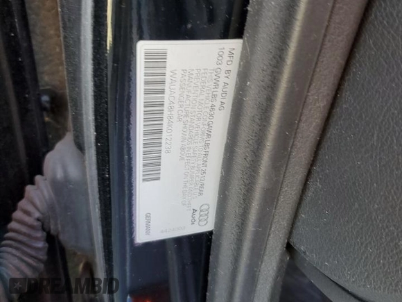 2004 Audi A4 1.8T with VIN WAUAC48H84K012238, listed as a Copart auction lot 70497434 with 106,292 mi miles and Salvage Title. Bid and sale history available at carsss.com. Image 12.