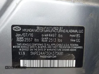 2016 Hyundai Sonata SE with VIN 5NPE24AF5GH375681, listed as a IAAI auction lot 42047034 with 137,256 mi miles and . Bid and sale history available at carsss.com. Image 9.